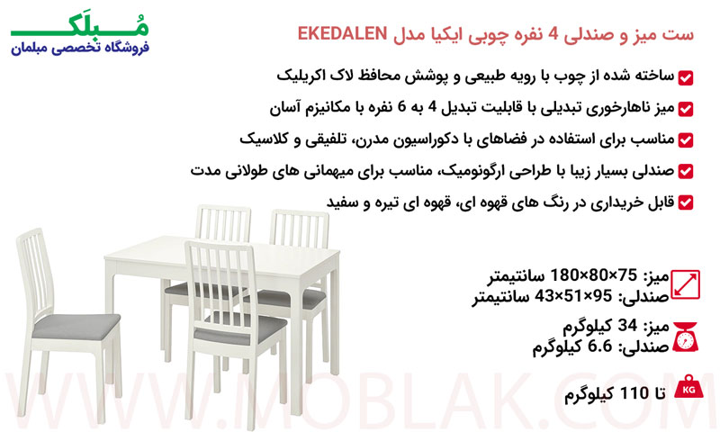 مشخصات ست میز و صندلی 4 نفره چوبی ایکیا مدل EKEDALEN
